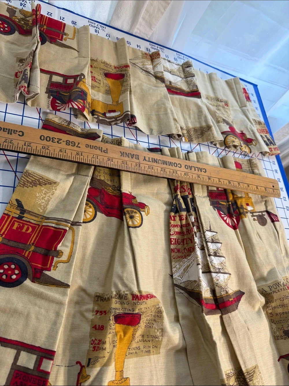Vintage Mid Century Novelty Kitchen Curtain Set Cars Trains Ships Fire Engines